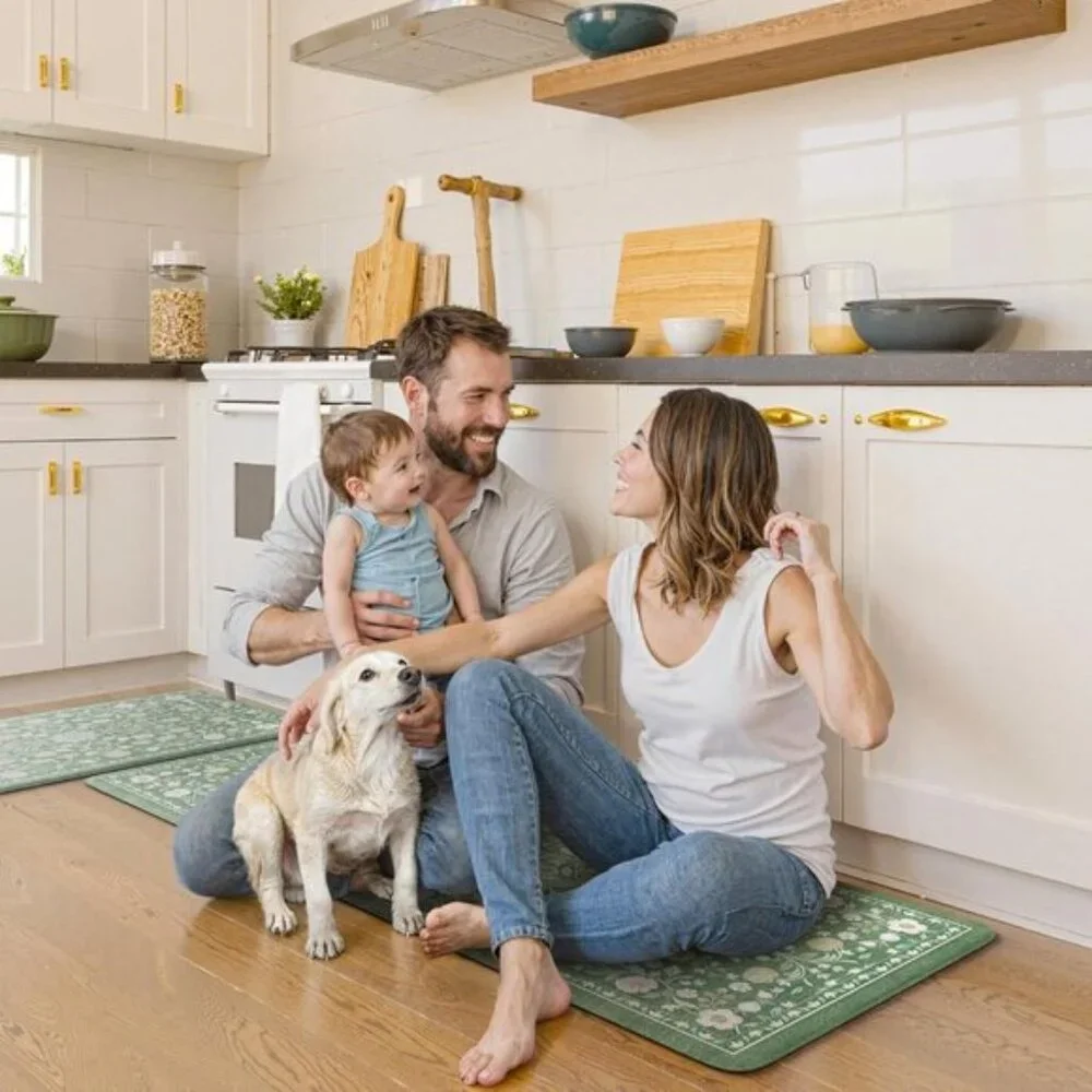New 2Pcs Cushioned Kitchen Mats, Non-Slip Floral Anti-Fatigue Rugs in Green